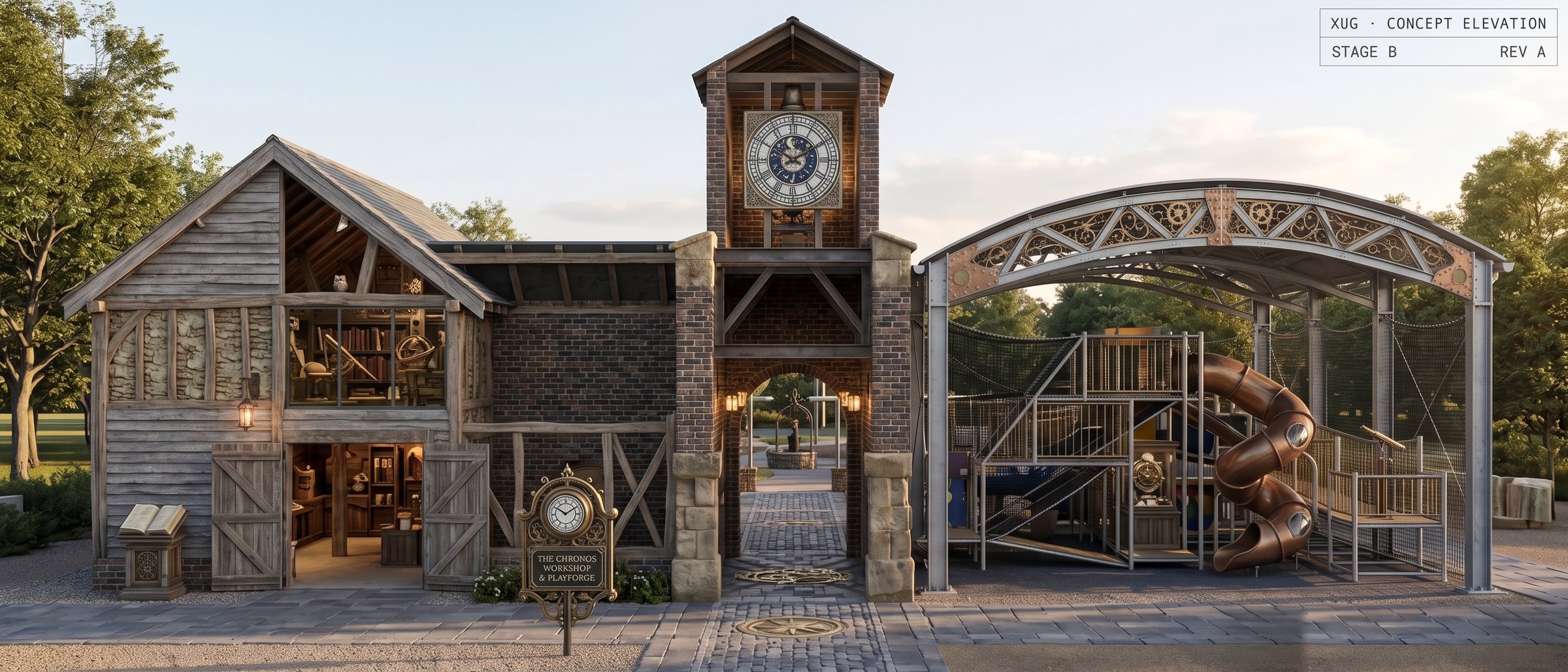 Photoreal render of the themed attraction at dusk: a timber-clad workshop with open barn doors on the left, a brick clock tower with an illuminated archway through to a courtyard in the centre, and a steel-and-glass barrel canopy on the right sheltering a multi-level play structure with a copper tube slide. A signboard in the foreground reads The Chronos Workshop and Playforge.