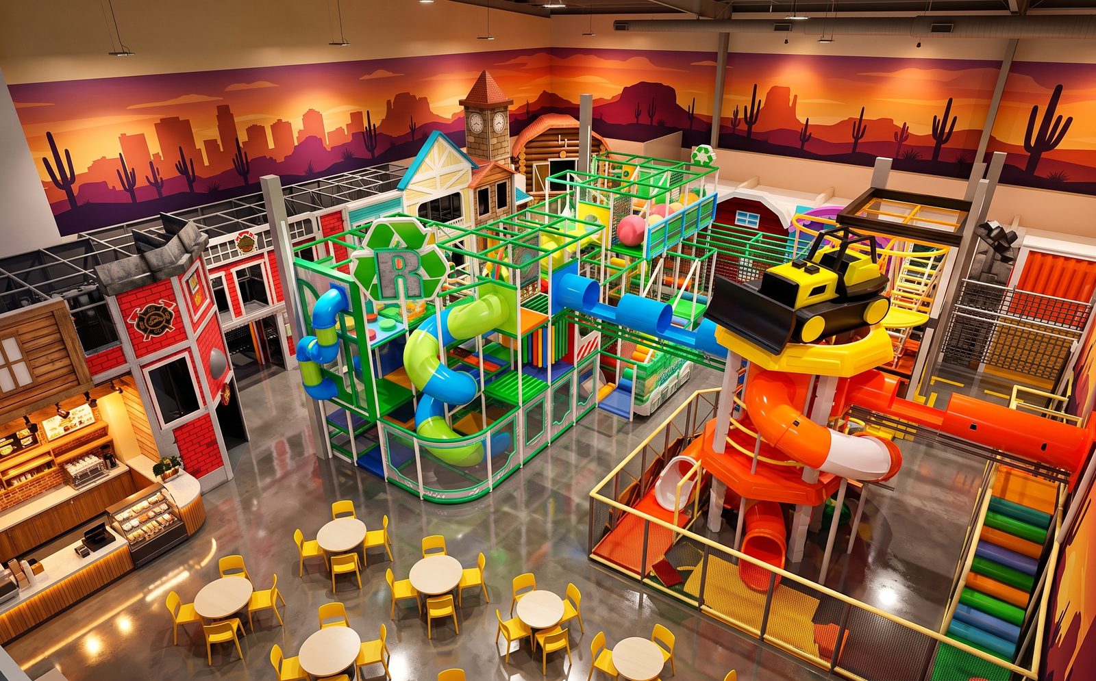 Launch and operate — aerial view of the finished venue, play structures and family café